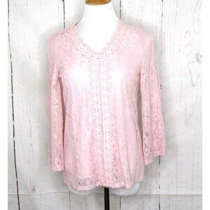 Cable & Gauge Women's Size S Lace Overlay Blouse Pink V-Neck Peek-a-Boo Sleeve